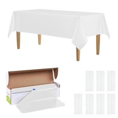 Imagem de KAshack Rolo de toalha de mesa de plástico, capa de mesa com caixa de corte deslizante conveniente - toalhas de mesa brancas descartáveis para churrasco, festa, aniversário, casamento, uso ao ar livre