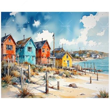 Imagem de TAOPAOLAB Kit de pintura de casas de campo de madeira costeiras por números para adultos – Pintura de casas à beira-mar em tela 20 x 30 cm, conjunto de tinta acrílica emoldurada, adequado para