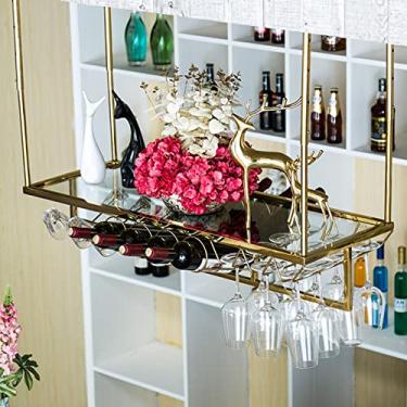 Imagem de (pt: Suporte de copo de vinho suspenso dourado, rack de garrafa de teto de metal de 119.4 cm 149.9 cm, prateleira de armazenamento de taças de champanhe, altura ajustável, moldura decorativa de teto