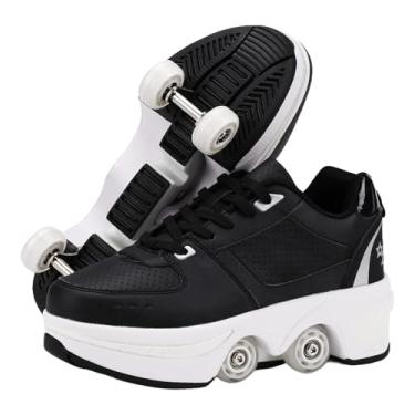 Imagem de Tênis de skate para meninas, crianças, mulheres, homens, sapatos de patinação de fileira dupla, tênis de rodas retráteis, patins Parkour ajustáveis, tênis de deformação ao ar livre (HY, 6 femininos/5