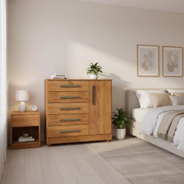 Imagem de Cômoda Grande 5 Gavetas 1 Porta Com Chave Elegante Cedro Cedro