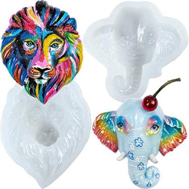 Imagem de FUNSHOWCASE Moldes de silicone de resina epóxi de rosto de leão e elefante para totem de animal de espírito, decoração de bolo de safári selva, cabochão africano, concreto, cimento, fabricação de joias, 2 pacotes grandes de 10 cm
