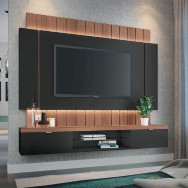 Imagem de Painel Home Suspenso Illusion 1.8 Preto / Nature p/ TV até 55 com Fita LED e Detalhe Ripado 2 Portas - hb Móveis