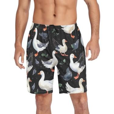 Imagem de CHIFIGNO Calças de pijama para homens, shorts lounge, pijama com bolsos e cordão, Patos brancos em preto, GG
