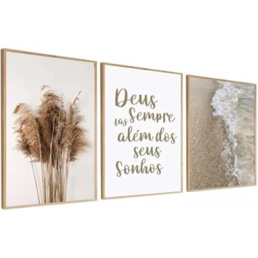 Imagem de Quadro Decorativo Deus frase boho folhagem Mar boho Sala Quarto Com Moldura e vidro (Bege, 60x80, Sem Vidro)