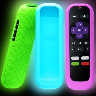 Imagem de Pacote com 3 capas para controle remoto Roku TV, capa de bateria para controle remoto TCL Hisense Roku TV Steaming Stick 4K 4K + Roku Voice Remote, capa universal de silicone com brilho no escuro (azul/verde/roxo)