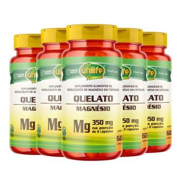 Imagem de Kit 5 Magnésio Quelato Mg Puro 700mg 300 Caps Vegano Unilife
