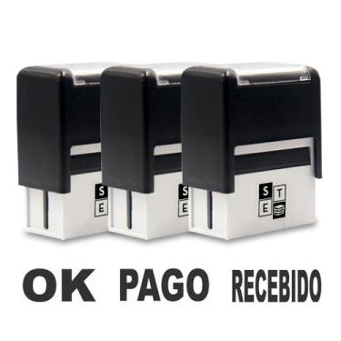 Imagem de Kit 3 Carimbos Automáticos Ok/Pago/Recebido Preto - Set Papelaria