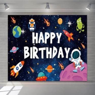 Imagem de Pano de fundo de aniversário do espaço sideral 3 x 2 m, tema cósmico de céu estrelado, faixa de fundo para fotografia de feliz aniversário, galáxia, astronauta, planeta, foguete, crianças, decoração