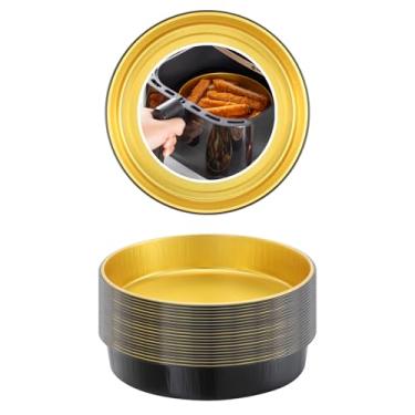 Imagem de MESTAEK Panelas de fritadeira a ar de alumínio descartáveis, pacote com 20, diâmetro de 17 cm, profundidade de 3,5 cm, capacidade de 740 ml, grau alimentício, preto e dourado, espessadas para altas