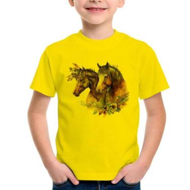 Imagem de Camiseta Infantil Casal de cavalos e flores - Foca na Moda, Amarelo, 1