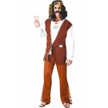 Imagem de Fantasia Masculina Adulta Festa e Carnaval Roupa Hippie Anos 60 e 70 Completa com Faixa Camisa e Calça (P 38-40)