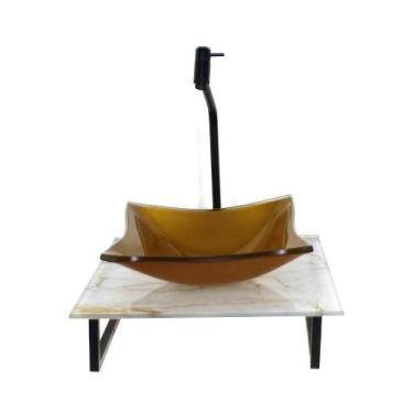 Imagem de Kit Cuba Vidro Quadrada 10Mm Tampo Vidro 40Cm X 40Cm Mármore - Cubas E