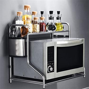 Imagem de Rack de armazenamento de microondas de aço inoxidável de 2 camadas, suporte de panela montado na parede, panela, utensílios, prateleira pendurada, economia de espaço com 4 ganchos, 63/58 x 36 x 38 cm