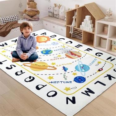 Imagem de Apioiqa Tapete educativo macio e antiderrapante de 1,2 x 1,8 m para aprender o alfabeto ABC, tema espacial, sistema solar, tapete lavável para sala de aula para berçário e decoração de quarto de
