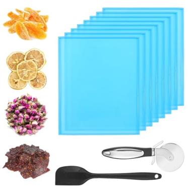 Imagem de 8 peças de bandejas desidratadoras de silicone com borda bandejas de couro de frutas 30,5 x 25,4 cm tapetes desidratadores antiaderentes com roda de cortador de raspador de silicone para frutas,