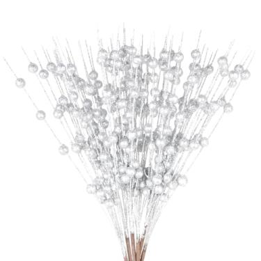 Imagem de Songjum 6 peças de enfeites de bagas com glitter de Natal, 39,9 cm, galhos com glitter para artesanato faça você mesmo, grinalda, enfeites de árvore de Natal (prata)