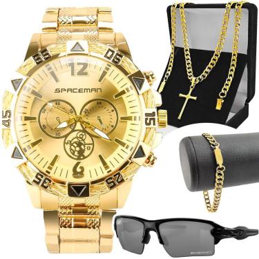 Imagem de Relogio Banhado Masculino + Cordão + Pulseira Proteção Uv