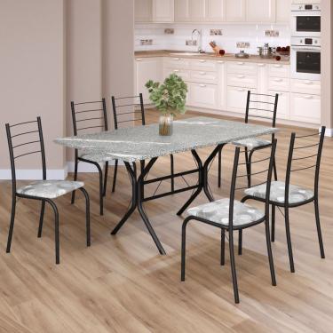 Imagem de Conjunto Sala De Jantar Mesa Retangular 140x75cm Tampo Granito Topázio 6 Cadeiras Rio Paraopeba- Preto Fosco