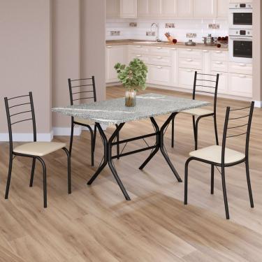 Imagem de Conjunto Sala De Jantar Mesa Retangular 100x60cm Tampo Granito Topázio 4 Cadeiras Rio Creme - Preto Fosco