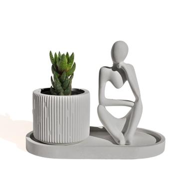 Imagem de Conjunto Decorativo 3 Peças Estátua Pensadora Vaso Contemporâneo E Bandeja Cinza