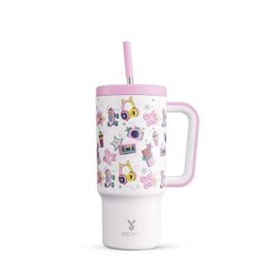 Imagem de Meoky Copo infantil de 680 g com alça: copo que brilha no escuro com tampa e canudo - mantém frio por 24 horas - 100% à prova de vazamento - livre de BPA para porta-copos de carro de viagem - meninas