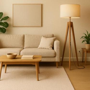 Imagem de UNIDECOR CASA Luminária Abajur de Chão Tripé ROMA Tradicional Madeira Maciça Cúpula de Tecido Linho