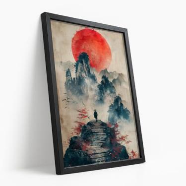 Imagem de Quadro Decorativo Sol Nascente Oriental Com Moldura Arte Japonesa Caminho Montanha Névoa Vermelho Natureza Estilo Zen Pintura Tradicional