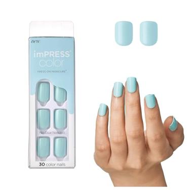 Imagem de KISS imPRESS Unhas sem cola, cor "Mint to Be", aqua, tamanho curto, formato esquadril, inclui 30 pregos, bloco de preparação, folha de instruções, 1 bastão de manicure, 1 mini lixa