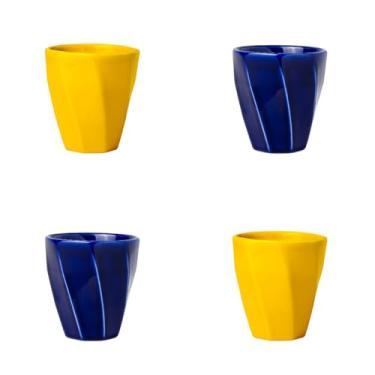 Imagem de Conjunto 4 Copos Cerâmicos Louça 260ml Design Moderno, Ideal para Café, Chá, Bebidas Quentes, Porta Objetos e Escovas - E-FCS Store (Amarelo/Azul)