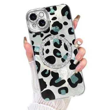 Imagem de Fiyart Capa projetada para iPhone 15, compatível com MagSafe Cheetah Print Plating Diamond Camera Protection Magnetic Glitter Leopard para mulheres e homens à prova de choque para telefone 6,1