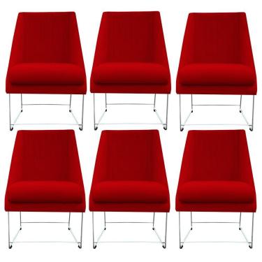 Imagem de Kit 06 Cadeiras Ana Base De Ferro Prata Suede Vermelho D'classe Decor