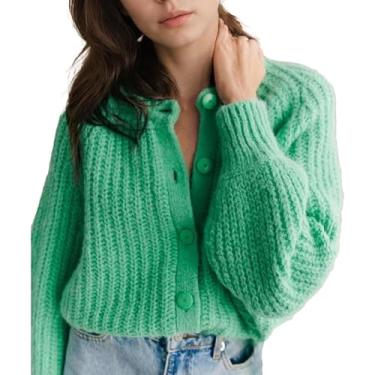 Imagem de Cardigan De Crochê Para Mulheres Tops Chunky Knitted Crew Neck Long Sleeve Button Down Jackets Open Front, Green, L