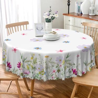 Imagem de SIEDYCV Toalha de mesa redonda Spring Daisy 178 cm, tecido de flores coloridas, poliéster, resistente a óleo, lavável, flores silvestres, capa de mesa branca para cozinha, jantar, jardim, piquenique