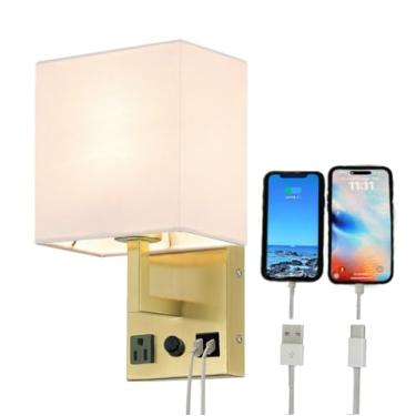 Imagem de HomeFocus - Lâmpada de parede, luminária de parede de cabeceira, lâmpada de parede regulável multifuncional com duas portas de carregamento USB, arandelas de parede, luz de parede para quarto, sala de