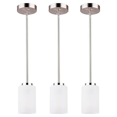 Imagem de WYNEYET Pacote com 3 mini luzes pendentes, luzes de teto de níquel escovado com sombra de vidro fosco branco, luzes ajustáveis modernas para cozinha, ilha, quarto, corredor