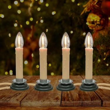 Imagem de CHYParty Pacote com 4 velas elétricas para janela, luzes de vela de Natal de 12 cm com lâmpadas LED C26 de 0,6 W, base de ferro ameixa de madeira preta, interruptor liga/desliga, castiçais country