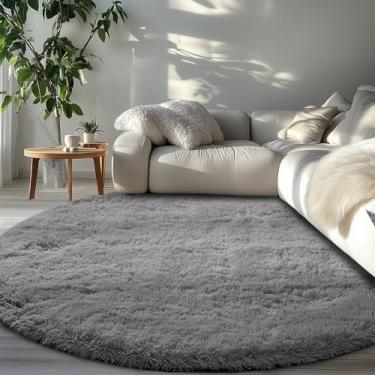 Imagem de Tapete cinza redondo fofo de 2,5 m: Tapetes cinza felpudos para sala de estar - Tapetes grandes de pelúcia cinza macios para sala de estar - Tapetes modernos difusos de 2,8 x 2,3 m para quarto