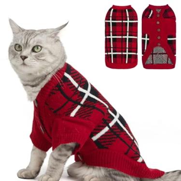 Imagem de EXPAWLORER Cardigã para gatos – Roupas elegantes de tricô para gatos, suéter xadrez estilo britânico macio com manga, roupas quentes para animais de estimação, casaco de gatinho outono inverno para