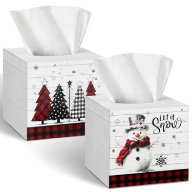 Imagem de Yalikop 2 peças de capa de caixa de lenços de Natal vermelho preto buffalo, xadrez, boneco de neve, árvores de Natal, suporte de toalhas de papel de Natal, 15 cm, quadrado, decorativo, de madeira