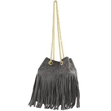 Imagem de modamoda de Bolsa de ombro feminina T244 camurça com franjas e corrente dourada feita à mão na Itália, Grafite cinza