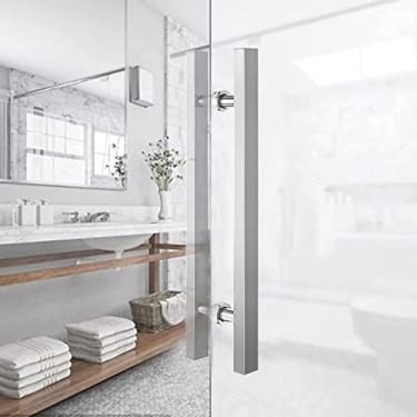 Imagem de Puxador de porta de estilo rústico para porta de chuveiro de casa de banho, puxadores de porta de dupla face em forma de H/escada, com conjunto de acessórios, para vidro/madeira/porta de celeiro/prata