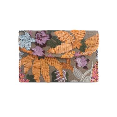 Imagem de Nefokfdus Bolsas femininas com contas de lantejoulas, bolsa de noite floral bordada para festa formal de casamento, Laranja, 10.4" x 6.7" x 0.2"