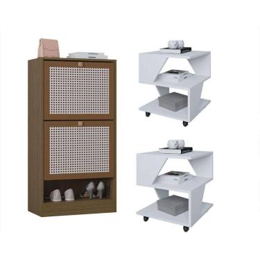 Imagem de Kit Sapateira 2 Portas E 2 Mesas De Cabeceira/centro Poquema Branco/carvalho