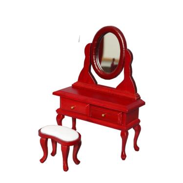 Imagem de Conjunto de toucador vermelho de madeira para móveis de casa de bonecas em miniatura, escala 1:12