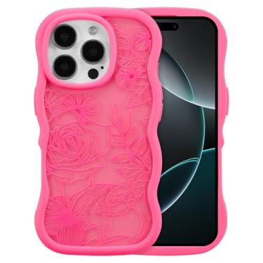 Imagem de XIZYO Capa para iPhone 16 Pro Max, linda flor floral ondulada rosa estética, moldura ondulada encaracolada mulheres meninas fosco TPU bumper à prova de choque, rosa choque fosco