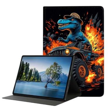Imagem de DHEEBFWE Capa para iPad 5ª/6ª geração de 9,7 polegadas 2017/2018, iPad Air 1/2 9,7 polegadas, capa fina de couro PU, suporte ajustável, despertar/hibernar automaticamente, dinossauro no caminhão
