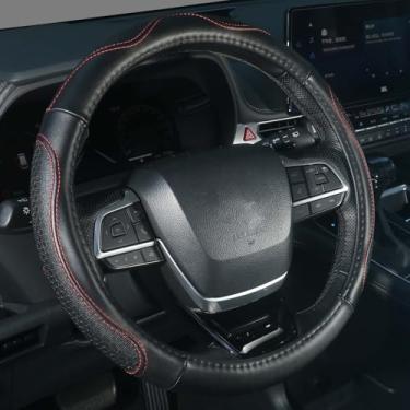 Imagem de KAFEEK Capa de volante de couro genuíno 38 cm, capa de volante de couro puro masculino e feminino, acessórios de carro para carro, caminhão, SUV, preto com linha vermelha
