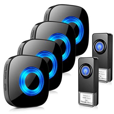 Imagem de Campainha sem fio, PHYSEN sinos de porta à prova d'água com modo mudo, 58 melodias ajustáveis, 5 níveis de volume, alcance de 304 m, kit de campainha de porta externa para casa com estroboscópio LED (2 botões + 4 recibos)