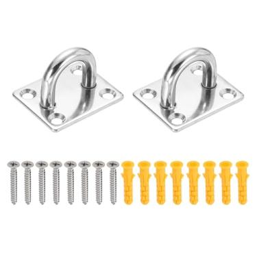 Imagem de PATIKIL M8 Ganchos de teto de aço inoxidável, placa de olho, 2 peças de ganchos quadrados resistentes para ferragens marítimas com parafusos para redes, cadeiras suspensas, balanços, prata